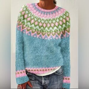 Cozy Fair Isle Crewneck Sweater in Aqua, Pink & Green